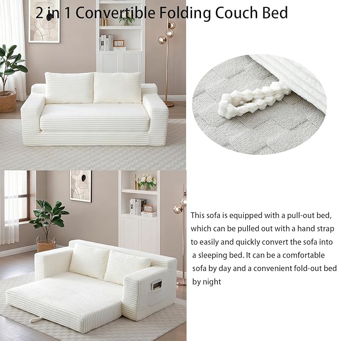 73 Memory Foam Cloud Loveseat Sofa 2 in 1 Convertible Folding Couch Bed Compressed Corduroy Floor Lounge Sofa No Assembly for Apartment Office Bedroom Living Room (Beige)