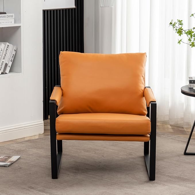 UNICOO Faux Leather Metal Frame Accent Chair - Modern Accent Chairs for Living Room Bedroom or Office - Armchairs Living Room Chairs Leisure Chair Reception Chair (ZKL-239K-CM Hermes Orange)