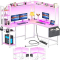 Aheaplus L Shaped Desk with Power Outlet L Shaped Gaming Desk with Led Light &amp Hutch Reversible Home Office Desk Corner Computer Desk with Monitor Stand &amp Storage Shelves Pink