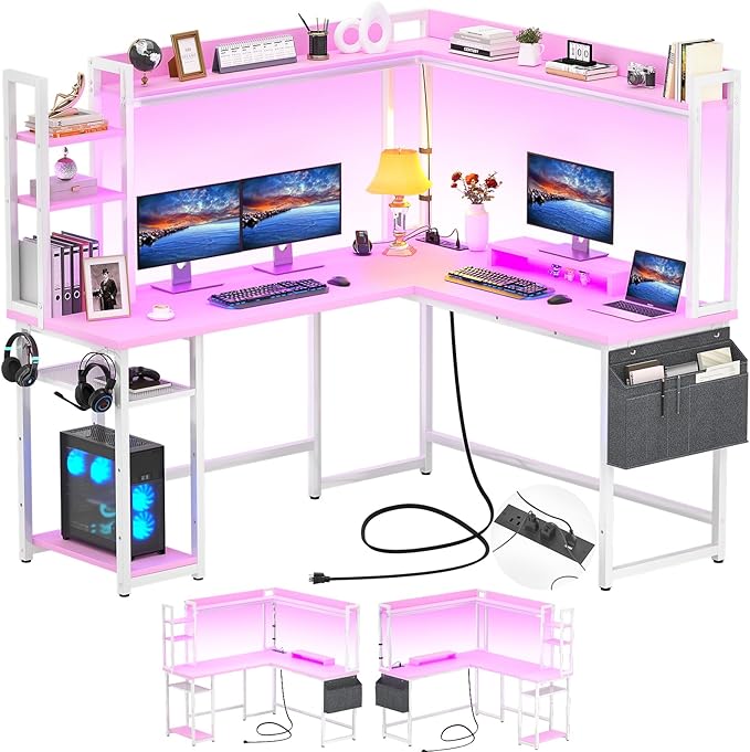 Aheaplus L Shaped Desk with Power Outlet L Shaped Gaming Desk with Led Light &amp Hutch Reversible Home Office Desk Corner Computer Desk with Monitor Stand &amp Storage Shelves Pink