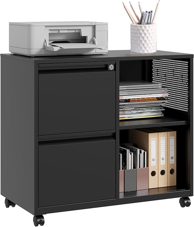 SISESOL 2 Drawer File Cabinet with Lock and ShelfMobile Lateral Filing CabinetMetal Filing Cabinets with Open Storage Shelves Organizer for Home Office Fit Legal/Letter A4 Size (Black)