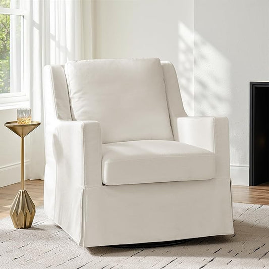 HULALA HOME Swivel Rocker Chair Farmhouse Swivel Rocking Accent Chair with Washable Slipcover Fabric Upholstered Barrel Armchair with Down Filled Cushions Ivory