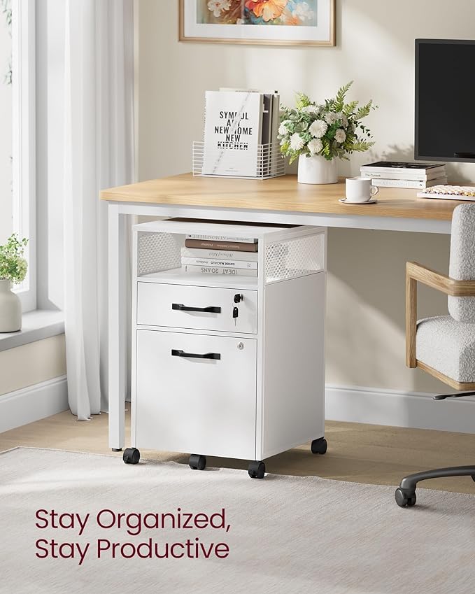 VASAGLE File Cabinet Mobile Filing Cabinet with Wheels 2 Lockable Drawers Open Shelf for A4 Letter Size Hanging File Folders Cloud White UOFC077W14