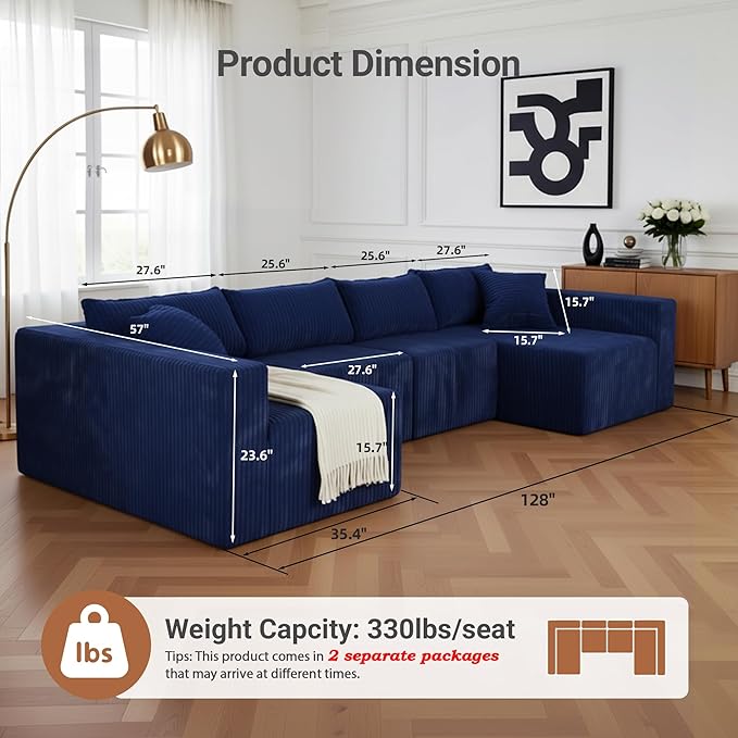 128 U-Shaped Modular Sofa Modern Cloud Couch with Double Chaise Sectional Boneless Couch with Pillows Deep Seat Sofa for Living Room Bedroom No Assembly Required Blue