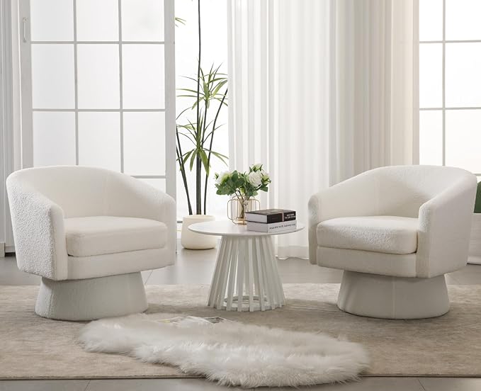 Modern White Swivel Accent Chair Set of 2 Upholstered Sherpa Barrel Chair Boucle Vanity Reading Chair Cozy Round Single Sofa Arm Chair Club Side Chairs for Bedroom/Waiting/Living Room