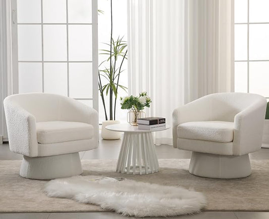 Modern White Swivel Accent Chair Set of 2 Upholstered Sherpa Barrel Chair Boucle Vanity Reading Chair Cozy Round Single Sofa Arm Chair Club Side Chairs for Bedroom/Waiting/Living Room