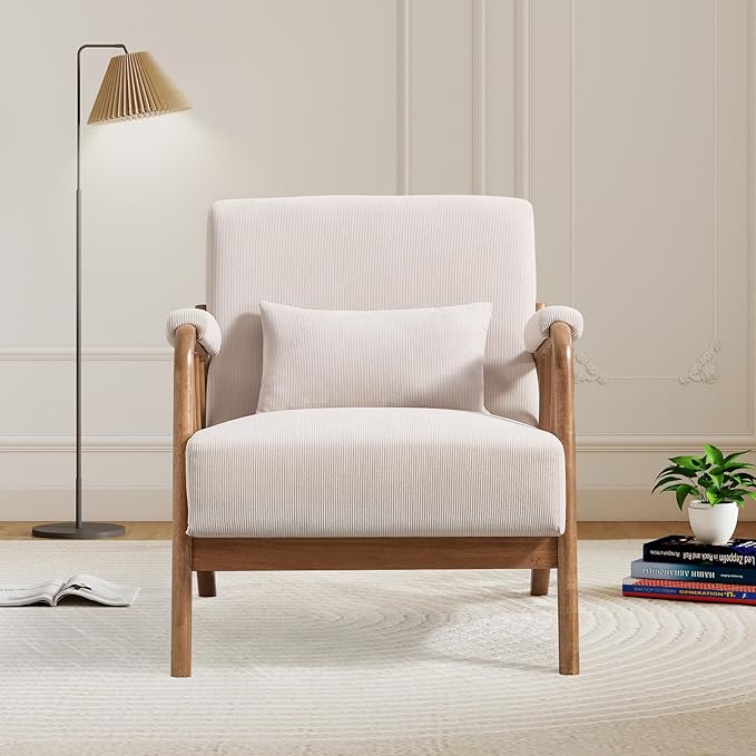 Mid Century Modern Accent Chair with Solid Wood Frame Upholstered Living Room Chairs with Lumbar Cushion Padded Arms Reading Armchair for Bedroom Set of 2 Beige