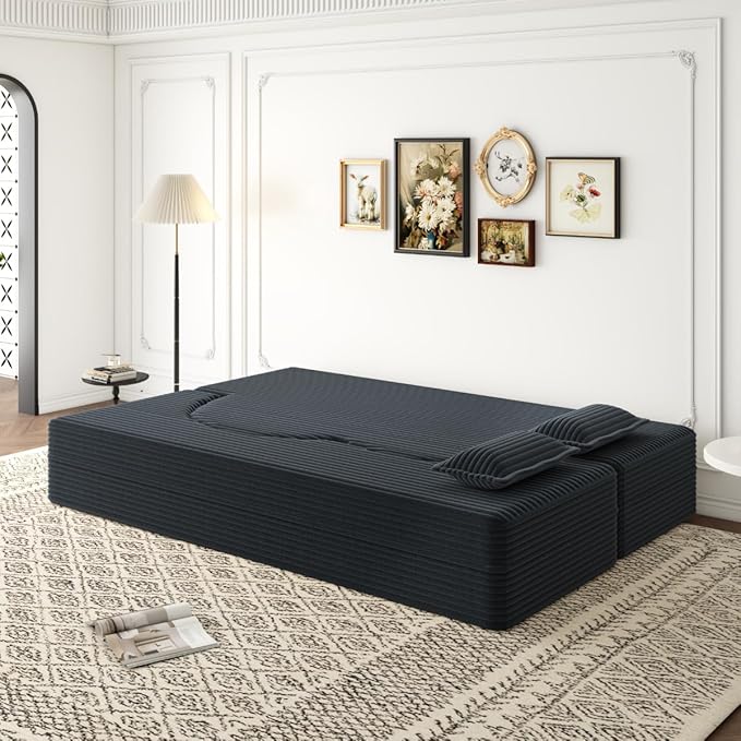 Convertible Sofa Bed Full Size｜78 Sleeper Couch with 2 Pillows｜Corduroy Fabric Folding Sofa Bed｜High-Density Foam｜No Assembly｜Space-Saving｜for Living Room Guest Room｜Dark Grey