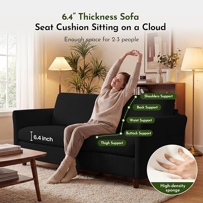 79.1 Corduroy Loveseat Sofa Modern Comfy Couches with Side Pocket 3-Seater Sofa Couch for Living Room Bedroom and Small SpacesBlack