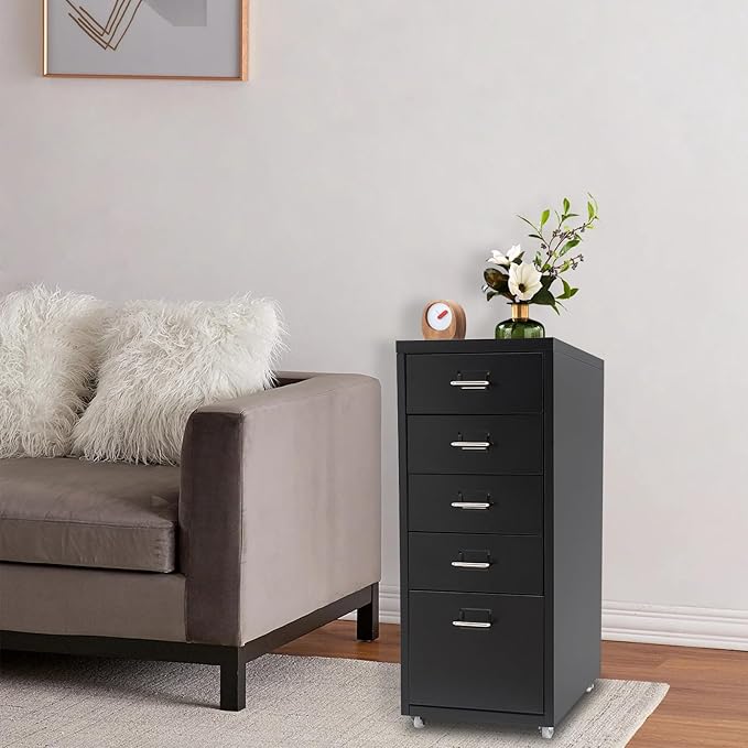 5 Drawer File Storage Cabinet Black Side Storage Organizer Office Filing Cabinet Stand Freestanding Storages Drawer Rolling Storage Dresser with Wheels11 * 16.1 * 27.1in