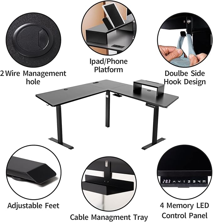 UNICOO L-Shaped Triple Motor Electric Height Adjustable Standing Desk - Gaming &amp Home Office Corner Desk with Easy Touch Control &amp Solid Steel Construction (Black Top/Black Frame - XOT-L3E-BB