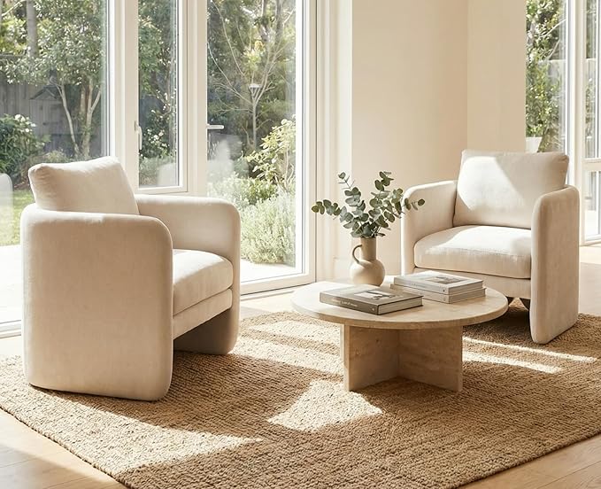 EALSON Upholstered Modern Accent Chair Mid-Century Barrel Armchair with Padded Cushion Comfy Reading Chair for Living Room/Bedroom Beige