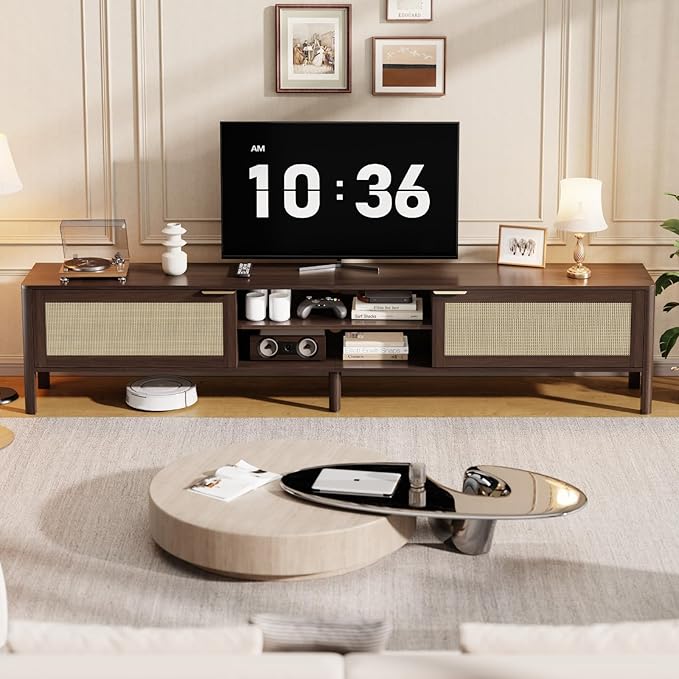 Rattan TV Stand for Living Room - Fits up to 80 Inch TVs Rattan Media Console Table with Adjustable Shelves &amp 2 Storage Cabinets Mid-Century Modern Entertainment Center Walnut 71