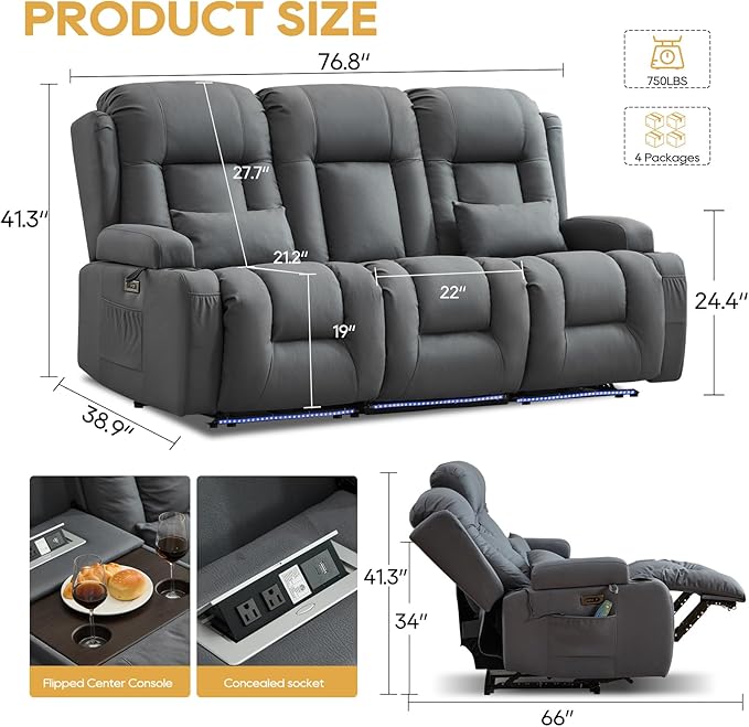 IPKIG Power Loveseat Recliner Sofa with Flip-Up Backrest Table AC Outlet LED Light Wall Hugger Recliners for Living Room RV Home Theater (Light Blue 3-Seater)