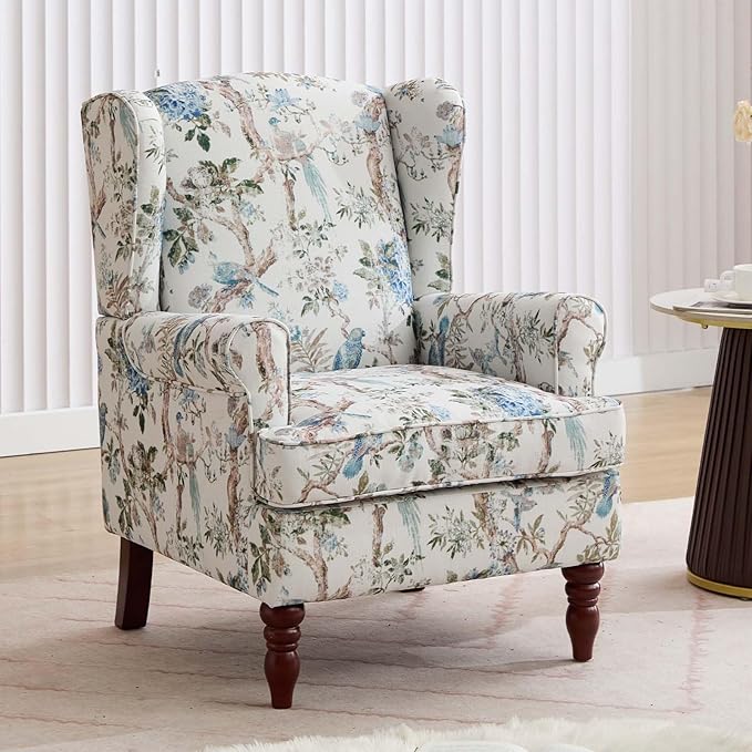 Modern Floral Accent Chair Upholstered Armchair Wingback Chair with Wooden Legs Single Sofa Reading Chair Accent Chairs for Living Room Bedroom Office (Antique Blue)