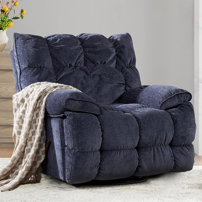 Dozzy Oversized Rocker Recliner ChairOverstuffed Rocking Chair with Breathable Velvety Fabric Soft Padded Headrest and Armrest Manual Recliner Extra Large Living Room Chair Up to 350 LBS (Blue)