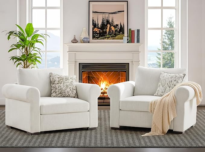 ELUCHANG Oversized Accent Chair Linen Fabric Modern Chair with Deep &amp Wide Seat Washable Covers Comfy Upholstered Large Chair Armchair Sofa Chair Reading Chair for Living Room Bedroom Office I