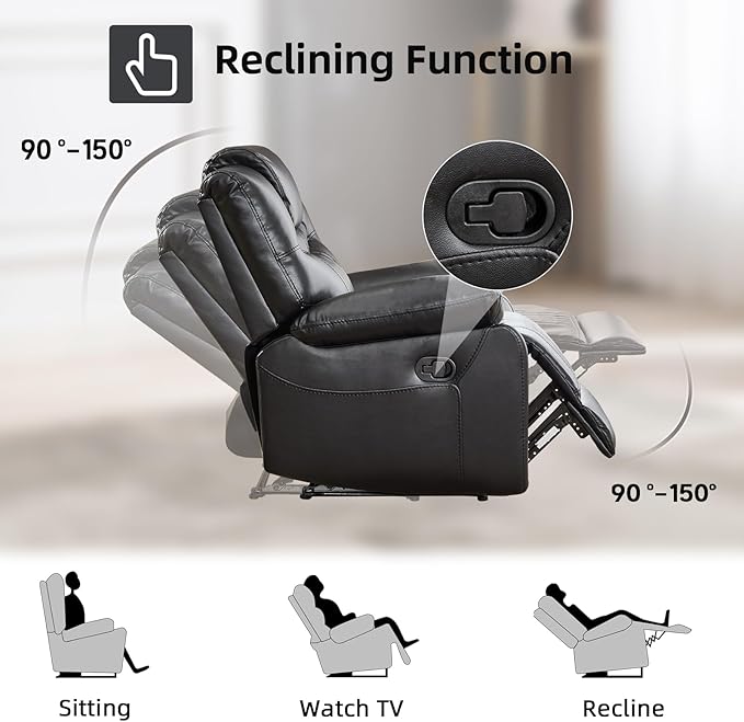 EBELLO Faux Leather Manual Recliner Chair Overstuffed Reclining Sofa with Comfortable Armrest and Backrest Single Couch for Living Room Black