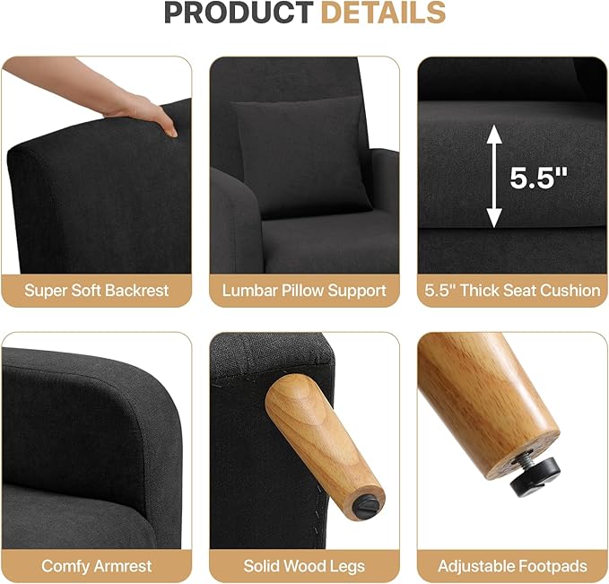 Magshion Mid-Century Accent Chair for Living Room Comfy Reading Chair for Bedroom Upholstered Linen Fabric Armchair Single Sofa with Back Pillow &amp Wood Legs 300 lbs Capacity Black