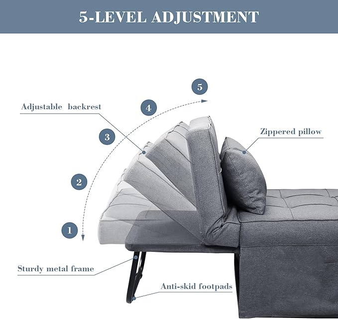 Ainfox Convertible Sofa Bed4-in-1 Multi-Functional Futon Chair Bed Folding &amp No Installation Sofa Couch with Adjustable Backrest Recliner for Living Room Small Spaces and Office(Light Grey)