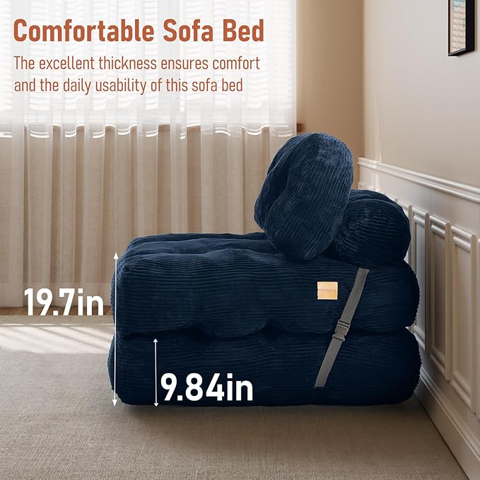 Folding Sofa Bed Convertible Sleeper Chair with Back Support and Pillow FutonBoneless Foldable Couch for Living Room/Guest Use/Home Office Foldable Chair Bed for Adults Navy Blue