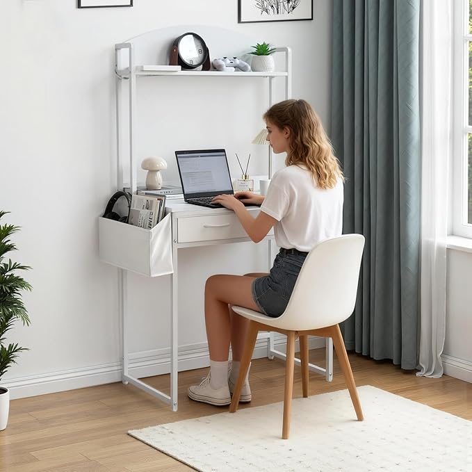 KATHY&ampBOB Small Home Office Study Desk - Freestanding Arched Design with Fabric Drawers &amp Side Bag - Modern Vanity Makeup Desk - Open Shelf &amp Computer Gaming Station (White)