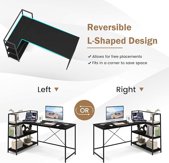 Tangkula Reversible L-Shaped Computer Desk Space Saving Corner Desk with 3-Tier Storage Shelves &amp Metal Frame Modern Executive Home Office Desk PC Laptop Desk Workstation for Small Space (Black