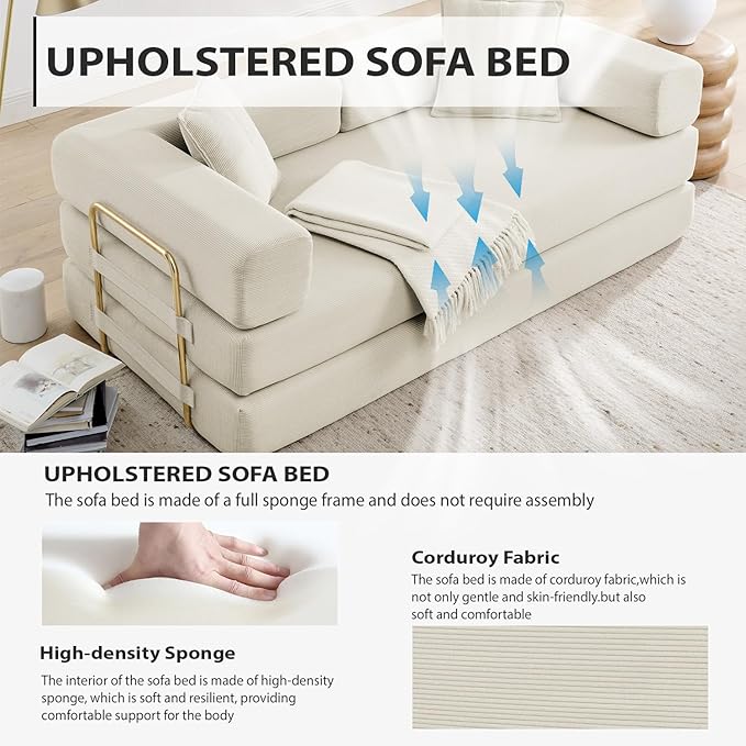 4-in-1 Folding Convertible Sofa Bed 78 Inch Boneless Couch with Fixed-Shape Frame Corduroy Loveseat Sleeper with Pull Out Bed Floor Sofa Modular Futon Couch for Living Room Bedroom Lounge (Beige)