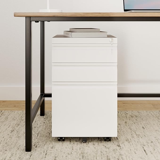 DEVAISE 3 Drawer Mobile File Cabinet with Lock Under Desk Metal Filing Cabinet for Home Office/Legal/Letter/A4 File Fully Assembled Except Wheels White