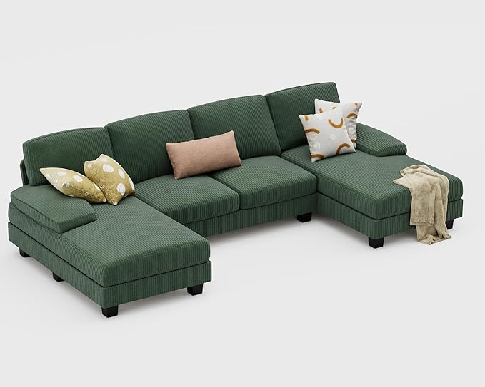 Furniwell Convertible Sectional Sofa Couch 4 Seat Sofa Set for Living Room U-Shaped Modern Fabric Modular Sofa Sleeper with Double Chaise &amp Memory Foam (Corduroy Deep Green)