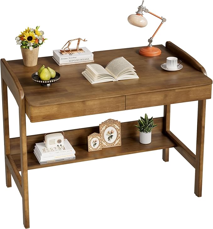 Solid Wooden Desk with Drawers &amp Shelf - 40 x 24 Inch Vintage Writing Desk with Drawers Mid Century Modern Desks Adjustable Height Study Table Home Office Computer Desks for Any Room
