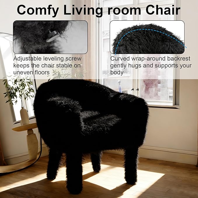 Modern Faux Fur Accent Chair with Solid Wood Frame Comfy Living Chair Cozy Furry Lounge Chair Upholstered Armchair for Living Room Bedroom Vanity Reading Nook Black