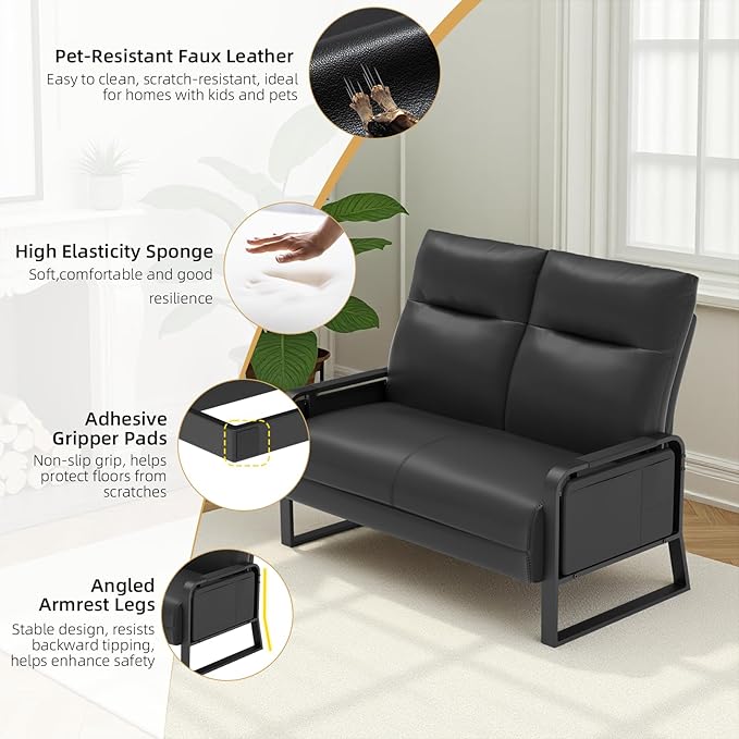 Faux Leather Loveseat Couch for Living Room Bedroom Office Small Sofa 2 Seater Couch with Flip Up Tray Table Side Pockets Leather Loveseats Black