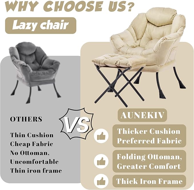 Lazy Chair with Ottoman Comfy Accent Lounge Chair with Side Pocket Modern Reading Armchair with Footrest Upholstered Sofa Chair for Small Spaces Bedroom Living Room Dorm Khaki