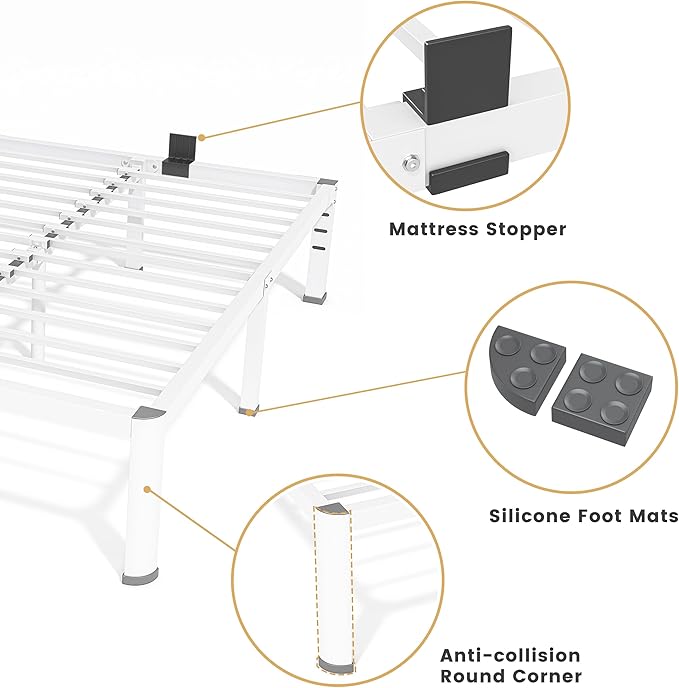 18 Inch King Size Metal Bed Frame with Round Corners Storage Space Under High Bed Frame-Heavy Duty Steel Slats Support Noise Free - Easy Assembly - No Box Spring NeededWhite