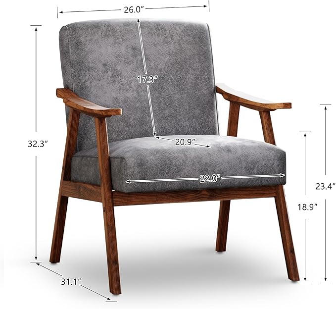 Mid Century Accent Chair Boho Farmhouse Accent Chairs for Living Room Retro Single Lounge Reading Armchair with Solid Wood Frame (Polyester Fabric in Grey)