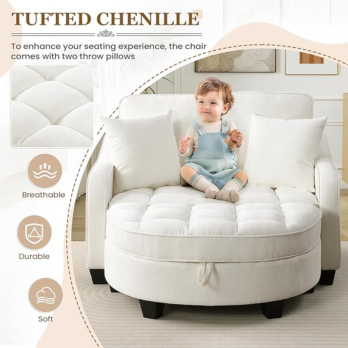 Oversized Chair and A Half Chenille Tufting Accent Cozy Reading Sofa Chair with Storage Ottoman Upholstered Loveseat Chaise Lounge Sofa with Adjustable Back for Living Room Office Sunroom Beige