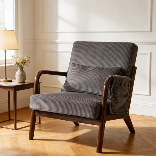 Mid-Century Modern Accent Chairs Upholstered Fabric Lounge Arm Chair with Storage Pocket Lumbar Cushion &amp Solid Wood Frame for Living Room Bedroom Balcony (Dark Gray)