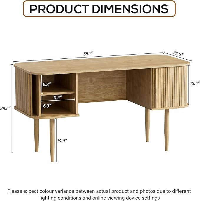 55 Modern Writing Desk with Sliding Doors Wood Home Office Desk with Storage Computer Desk for Study Living Room Dorm Natural
