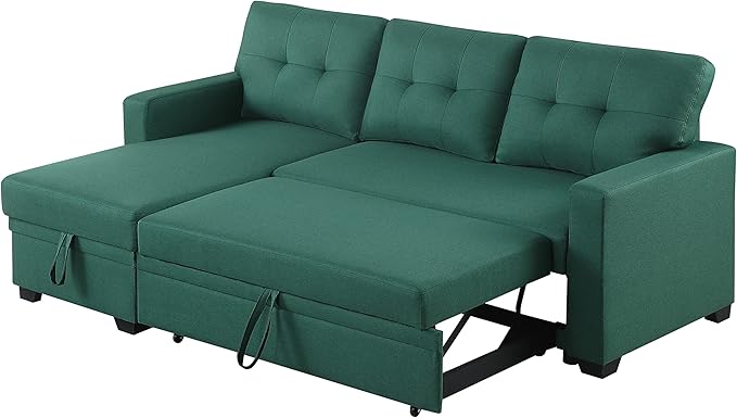 82 Sleeper Couch with Pull Out BedL-Shape Upholstered Sectional Small Sofa W/Storage ChaiseTufted Backrest Design3 Seat Linen Convertible Sofas for Living Room Apartment OfficeGreen