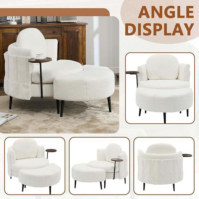 42.5 Single Sofa Chair Chaise Lounge with Movable Cresent-Shaped Footstool Removable Headrest &amp Wraparound Armrests One-Piece Side Table for Small Living Room (White)