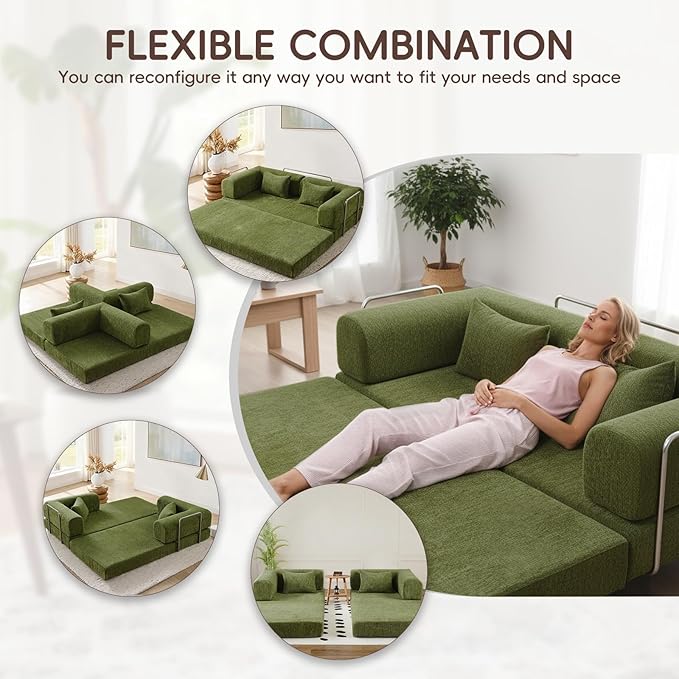 5-in-1 Convertible Folding Sofa Bed 79 Queen Chenille Boneless Couch with Removable Armrests No Assembly Loveseat Sleeper Sofa Modular Futon Couch for Living Room &amp Bedroom Green