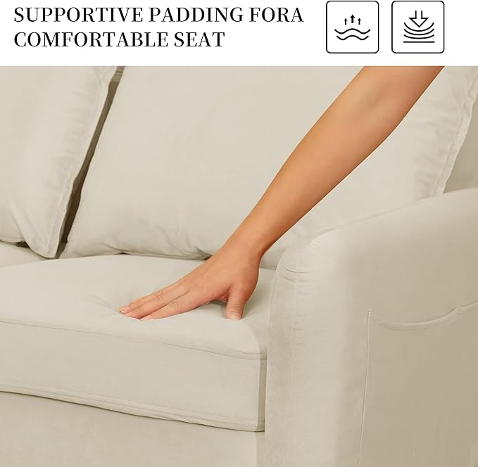 56.1 Round Arm Velvet Loveseat with Side Pockets and a Square Pillow (Beige) | Side Storage Pockets Pillow Included