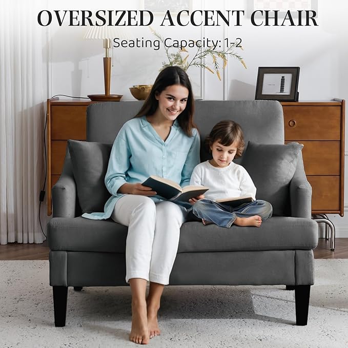 Bezseller Oversized Accent Chair 41'' Wide Seat Modern Single Sofa Chair with 2 Pillows Upholstered Comfy Armchair Big Reading Chair for Living Room Bedroom Office Dark Grey