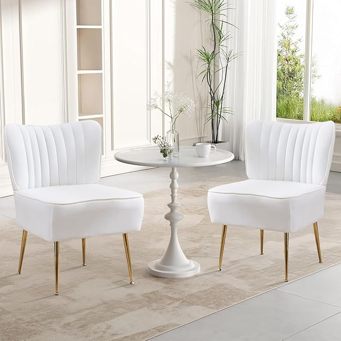 Accent Chair Set of 6 Upholstered Velvet Wingback Side Chairs Modern Armless Living Room Chairs with Golden Legs Vanity Chair for Bedroom White