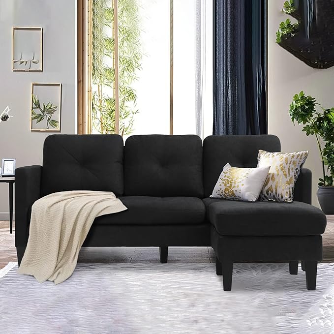 Grepatio Convertible Sectional Sofa Couch L-Shaped Couch with Modern Linen Fabric for Small Space (Black)