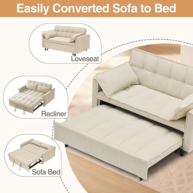 3 In 1 Corduroy Convertible Sofa BedPull Out Couch Bed with Reclining Backrest And 2 Pillows 54 Full Size Loveseat Sleeper Sofa Futon Couch Bed Couches For Small Spaces Living Room (Beige)