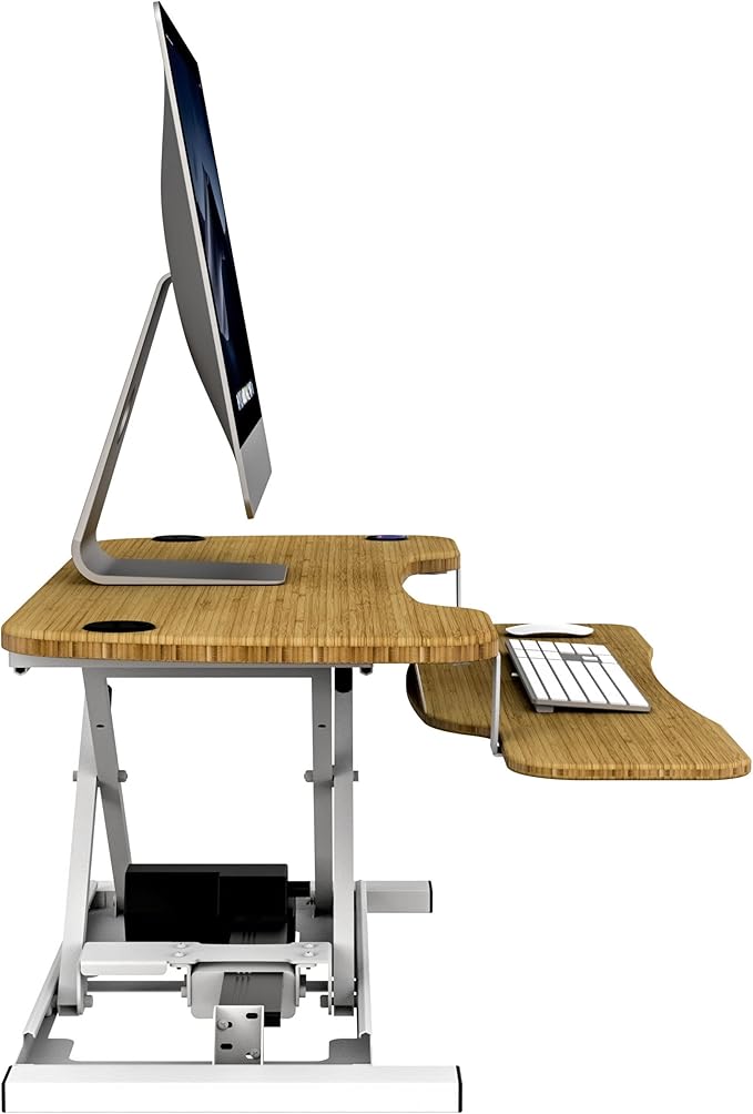 VERSADESK® PowerPro™ 36” x 24” Electric Sit-to-Stand Desk Converter w/Keyboard Tray for Home or Office | USB Charging Port | Supports Multiple Monitors | Lifts 80 lbs. - Natural Bamboo | White Base.