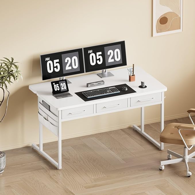 Computer Desk with Drawers 47.2X15.8-22.9 Inches Office Computer Desk with Side Pocket &amp Ergonomic Monitor Stand Writing Table for Small Spaces Bedroom White