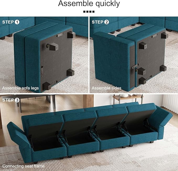 Belffin Small Sectional Sofa Modular L Shaped Couch 3 Seater Sectional Couch Convertible Chaise Ottoman with Storage Peacock Blue